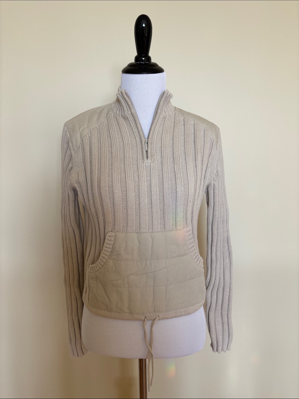 Esprit Ribbed Quarter Zip Sweater Kangaroo Pocket Oatmeal Beige S